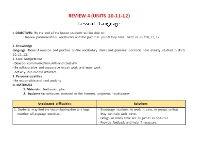 Kế hoạch bài dạy Tiếng Anh Lớp 7 Global Success theo CV5512 - Review 4 (Units 10+11+12)