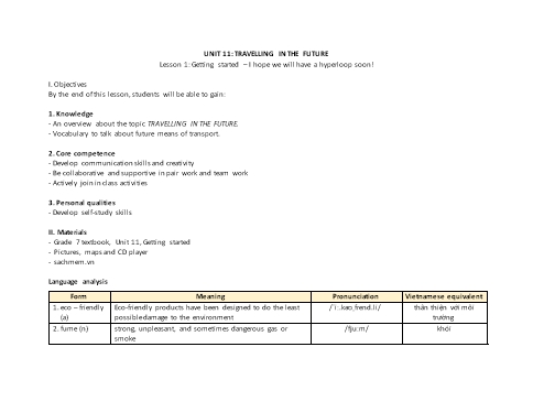 Kế hoạch bài dạy Tiếng Anh Lớp 7 Global Success theo CV5512 - Unit 11: Travelling in the future Kế hoạch bài dạy Tiếng Anh Lớp 7 Global Success theo CV5512 - Unit 11: Travelling in the future