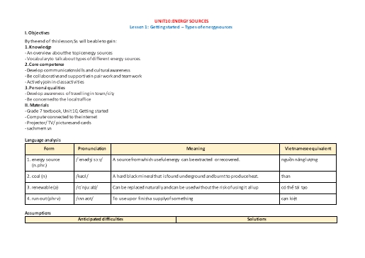 Kế hoạch bài dạy Tiếng Anh Lớp 7 Global Success theo CV5512 - Unit 10: Energy sources Kế hoạch bài dạy Tiếng Anh Lớp 7 Global Success theo CV5512 - Unit 10: Energy sources