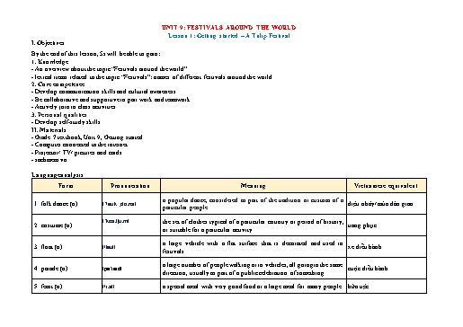Kế hoạch bài dạy Tiếng Anh Lớp 7 Global Success theo CV5512 - Unit 9: Festivals around the world Kế hoạch bài dạy Tiếng Anh Lớp 7 Global Success theo CV5512 - Unit 9: Festivals around the world
