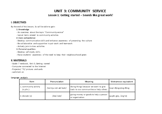 Kế hoạch bài dạy Tiếng Anh Lớp 7 Global Success theo CV5512 - Unit 3: Community service Kế hoạch bài dạy Tiếng Anh Lớp 7 Global Success theo CV5512 - Unit 3: Community service
