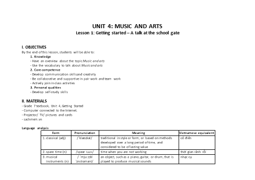 Kế hoạch bài dạy Tiếng Anh Lớp 7 Global Success theo CV5512 - Unit 4: Music and arts Kế hoạch bài dạy Tiếng Anh Lớp 7 Global Success theo CV5512 - Unit 4: Music and arts