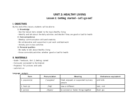 Kế hoạch bài dạy Tiếng Anh Lớp 7 Global Success theo CV5512 - Unit 2: Healthy living Kế hoạch bài dạy Tiếng Anh Lớp 7 Global Success theo CV5512 - Unit 2: Healthy living