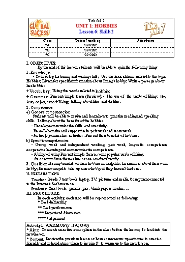 Kế hoạch bài dạy Tiếng Anh Lớp 7 Global Success - Unit 1: Hobbies - Lesson 6: Skills 2 - Năm học 2022-2023 Kế hoạch bài dạy Tiếng Anh Lớp 7 Global Success - Unit 1: Hobbies - Lesson 6: Skills 2 - Năm học 2022-2023