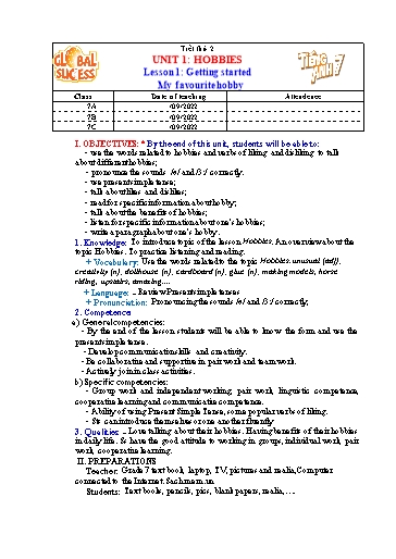 Kế hoạch bài dạy Tiếng Anh Lớp 7 Global Success - Unit 1: Hobbies - Lesson 1: Getting started - Năm học 2022-2023