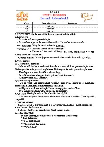 Kế hoạch bài dạy Tiếng Anh Lớp 7 Global Success - Unit 1: Hobbies - Lesson 3: A closer look 4 - Năm học 2022-2023 Kế hoạch bài dạy Tiếng Anh Lớp 7 Global Success - Unit 1: Hobbies - Lesson 3: A closer look 4 - Năm học 2022-2023