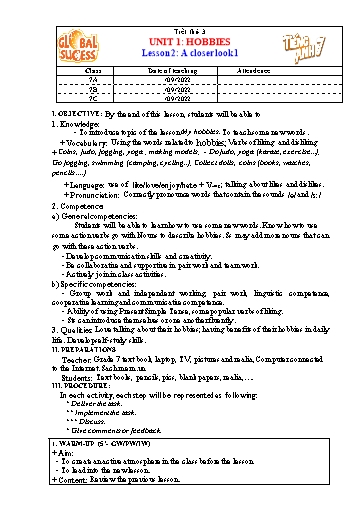 Kế hoạch bài dạy Tiếng Anh Lớp 7 Global Success - Unit 1: Hobbies - Lesson 2: A closer look 1 - Năm học 2022-2023 Kế hoạch bài dạy Tiếng Anh Lớp 7 Global Success - Unit 1: Hobbies - Lesson 2: A closer look 1 - Năm học 2022-2023