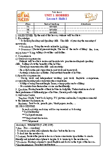 Kế hoạch bài dạy Tiếng Anh Lớp 7 Global Success - Unit 1: Hobbies - Lesson 5: Skills 1 - Năm học 2022-2023