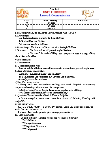 Kế hoạch bài dạy Tiếng Anh Lớp 7 Global Success - Unit 1: Hobbies - Lesson 4: Communication - Năm học 2022-2023