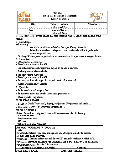 Kế hoạch bài dạy Tiếng Anh Lớp 7 Global Success - Unit 10: Energy sources - Lesson 6: Skills 2 - Năm học 2022-2023
