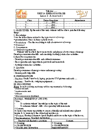 Kế hoạch bài dạy Tiếng Anh Lớp 7 Global Success - Unit 10: Energy sources - Lesson 2: A closer look 1 - Năm học 2022-2023