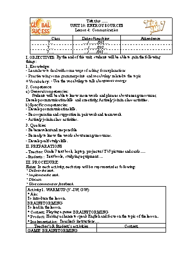 Kế hoạch bài dạy Tiếng Anh Lớp 7 Global Success - Unit 10: Energy sources - Lesson 4: Communication - Năm học 2022-2023 Kế hoạch bài dạy Tiếng Anh Lớp 7 Global Success - Unit 10: Energy sources - Lesson 4: Communication - Năm học 2022-2023