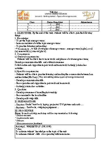 Kế hoạch bài dạy Tiếng Anh Lớp 7 Global Success - Unit 10: Energy sources - Lesson 1: Getting started - Năm học 2022-2023 Kế hoạch bài dạy Tiếng Anh Lớp 7 Global Success - Unit 10: Energy sources - Lesson 1: Getting started - Năm học 2022-2023