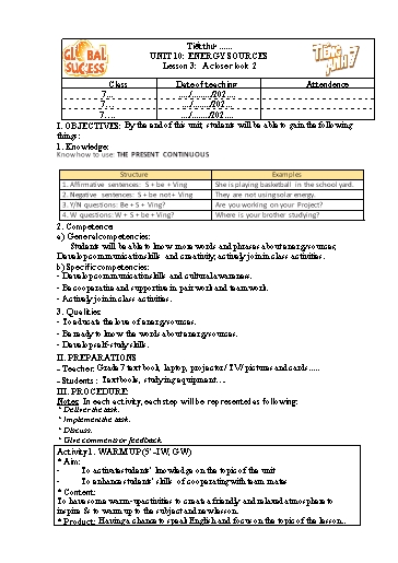 Kế hoạch bài dạy Tiếng Anh Lớp 7 Global Success - Unit 10: Energy sources - Lesson 3: A closer look 2 - Năm học 2022-2023 Kế hoạch bài dạy Tiếng Anh Lớp 7 Global Success - Unit 10: Energy sources - Lesson 3: A closer look 2 - Năm học 2022-2023