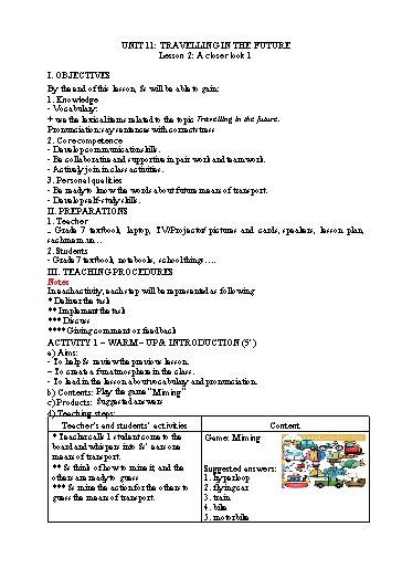 Kế hoạch bài dạy Tiếng Anh Lớp 7 Global Success - Unit 11: Travelling in the future - Lesson 2: A closer look 1 - Năm học 2022-2023