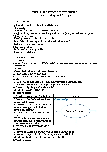 Kế hoạch bài dạy Tiếng Anh Lớp 7 Global Success - Unit 11: Travelling in the future - Lesson 7: Looking back & project - Năm học 2022-2023