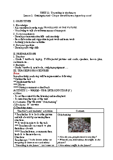 Kế hoạch bài dạy Tiếng Anh Lớp 7 Global Success - Unit 11: Travelling in the future - Lesson 1: Getting started - Năm học 2022-2023