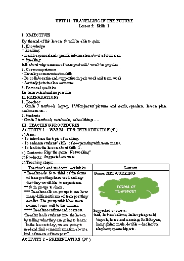Kế hoạch bài dạy Tiếng Anh Lớp 7 Global Success - Unit 11: Travelling in the future - Lesson 5: Skills 1 - Năm học 2022-2023