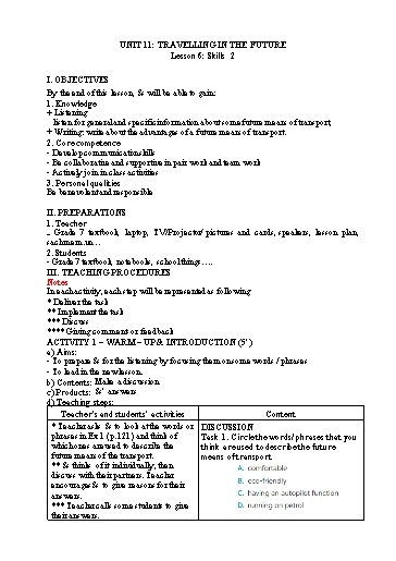 Kế hoạch bài dạy Tiếng Anh Lớp 7 Global Success - Unit 11: Travelling in the future - Lesson 6: Skills 2 - Năm học 2022-2023