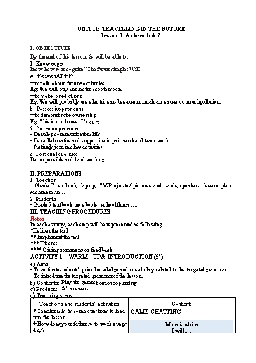 Kế hoạch bài dạy Tiếng Anh Lớp 7 Global Success - Unit 11: Travelling in the future - Lesson 3: A closer look 2 - Năm học 2022-2023