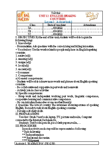 Kế hoạch bài dạy Tiếng Anh Lớp 7 Global Success - Unit 12: English speaking countries - Lesson 2: A closer look 1 - Năm học 2022-2023