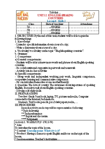 Kế hoạch bài dạy Tiếng Anh Lớp 7 Global Success - Unit 12: English speaking countries - Lesson 6: Skills 2 - Năm học 2022-2023