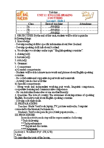 Kế hoạch bài dạy Tiếng Anh Lớp 7 Global Success - Unit 12: English speaking countries - Lesson 5: Skills 1 - Năm học 2022-2023