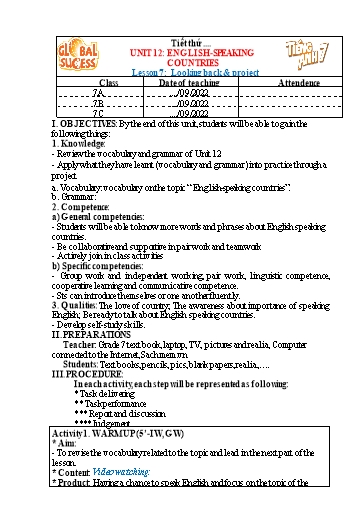 Kế hoạch bài dạy Tiếng Anh Lớp 7 Global Success - Unit 12: English speaking countries - Lesson 7: Looking back & project - Năm học 2022-2023