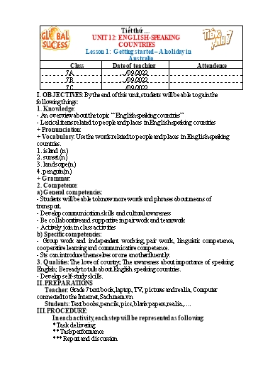 Kế hoạch bài dạy Tiếng Anh Lớp 7 Global Success - Unit 12: English speaking countries - Lesson 1: Getting started - Năm học 2022-2023