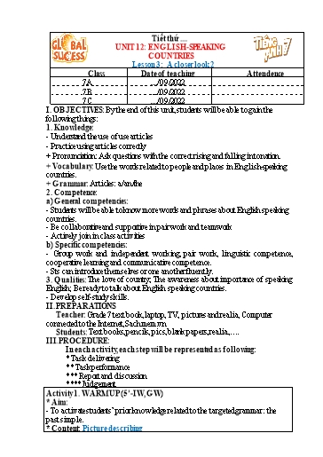 Kế hoạch bài dạy Tiếng Anh Lớp 7 Global Success - Unit 12: English speaking countries - Lesson 3: A closer look 2 - Năm học 2022-2023