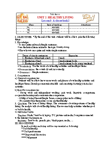 Kế hoạch bài dạy Tiếng Anh Lớp 7 Global Success - Unit 2: Healthy living - Lesson 3: A closer look 2 - Năm học 2022-2023 Kế hoạch bài dạy Tiếng Anh Lớp 7 Global Success - Unit 2: Healthy living - Lesson 3: A closer look 2 - Năm học 2022-2023