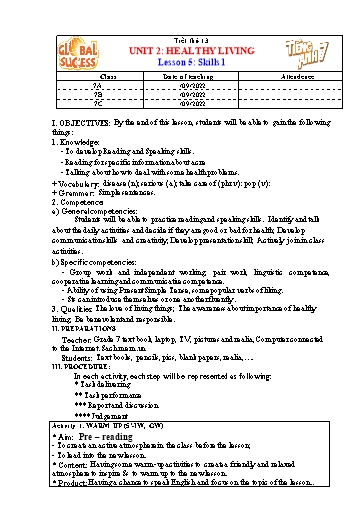 Kế hoạch bài dạy Tiếng Anh Lớp 7 Global Success - Unit 2: Healthy living - Lesson 5: Skills 1 - Năm học 2022-2023 Kế hoạch bài dạy Tiếng Anh Lớp 7 Global Success - Unit 2: Healthy living - Lesson 5: Skills 1 - Năm học 2022-2023