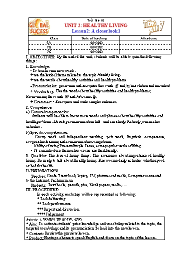Kế hoạch bài dạy Tiếng Anh Lớp 7 Global Success - Unit 2: Healthy living - Lesson 2: A closer look 1 - Năm học 2022-2023 Kế hoạch bài dạy Tiếng Anh Lớp 7 Global Success - Unit 2: Healthy living - Lesson 2: A closer look 1 - Năm học 2022-2023