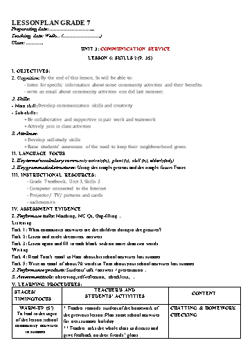 Kế hoạch bài dạy Tiếng Anh Lớp 7 Global Success - Unit 3: Community service - Lesson 6: Skills 2 - Năm học 2022-2023 Kế hoạch bài dạy Tiếng Anh Lớp 7 Global Success - Unit 3: Community service - Lesson 6: Skills 2 - Năm học 2022-2023
