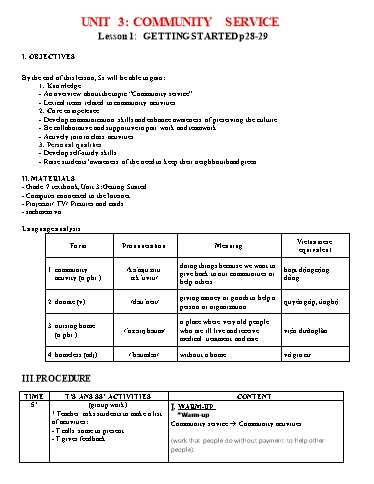 Kế hoạch bài dạy Tiếng Anh Lớp 7 Global Success - Unit 3: Community service - Lesson 1: Getting started - Năm học 2022-2023 Kế hoạch bài dạy Tiếng Anh Lớp 7 Global Success - Unit 3: Community service - Lesson 1: Getting started - Năm học 2022-2023