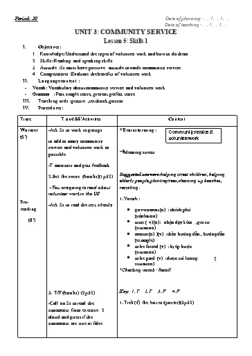 Kế hoạch bài dạy Tiếng Anh Lớp 7 Global Success - Unit 3: Community service - Lesson 5: Skills 1 - Năm học 2022-2023 Kế hoạch bài dạy Tiếng Anh Lớp 7 Global Success - Unit 3: Community service - Lesson 5: Skills 1 - Năm học 2022-2023