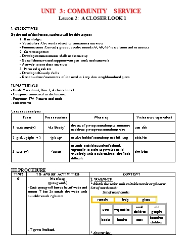 Kế hoạch bài dạy Tiếng Anh Lớp 7 Global Success - Unit 3: Community service - Lesson 2: A closer look 1 - Năm học 2022-2023 Kế hoạch bài dạy Tiếng Anh Lớp 7 Global Success - Unit 3: Community service - Lesson 2: A closer look 1 - Năm học 2022-2023
