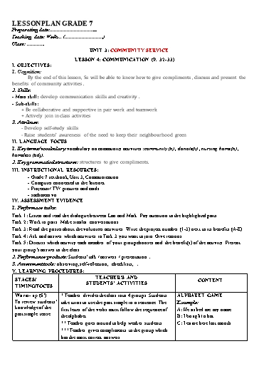 Kế hoạch bài dạy Tiếng Anh Lớp 7 Global Success - Unit 3: Community service - Lesson 4: Communication - Năm học 2022-2023 Kế hoạch bài dạy Tiếng Anh Lớp 7 Global Success - Unit 3: Community service - Lesson 4: Communication - Năm học 2022-2023