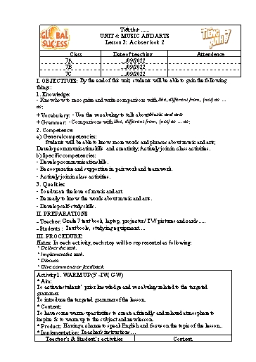 Kế hoạch bài dạy Tiếng Anh Lớp 7 Global Success - Unit 4: Music and arts - Lesson 3: A closer look 2 - Năm học 2022-2023 Kế hoạch bài dạy Tiếng Anh Lớp 7 Global Success - Unit 4: Music and arts - Lesson 3: A closer look 2 - Năm học 2022-2023