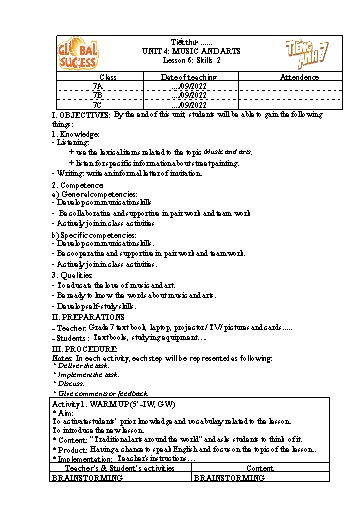 Kế hoạch bài dạy Tiếng Anh Lớp 7 Global Success - Unit 4: Music and arts - Lesson 6: Skills 2 - Năm học 2022-2023 Kế hoạch bài dạy Tiếng Anh Lớp 7 Global Success - Unit 4: Music and arts - Lesson 6: Skills 2 - Năm học 2022-2023