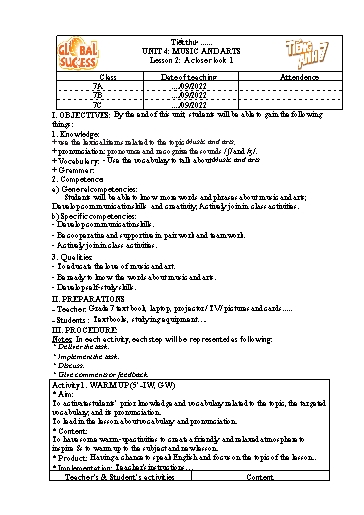 Kế hoạch bài dạy Tiếng Anh Lớp 7 Global Success - Unit 4: Music and arts - Lesson 2: A closer look 1 - Năm học 2022-2023 Kế hoạch bài dạy Tiếng Anh Lớp 7 Global Success - Unit 4: Music and arts - Lesson 2: A closer look 1 - Năm học 2022-2023