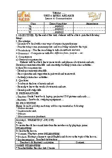 Kế hoạch bài dạy Tiếng Anh Lớp 7 Global Success - Unit 4: Music and arts - Lesson 4: Communication - Năm học 2022-2023