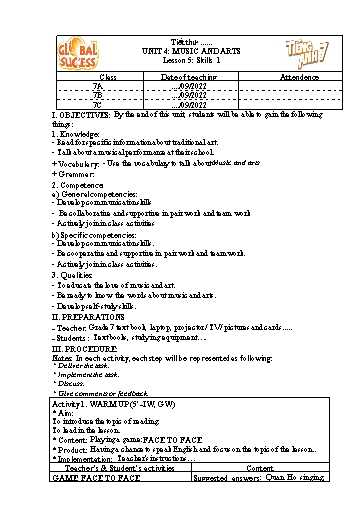Kế hoạch bài dạy Tiếng Anh Lớp 7 Global Success - Unit 4: Music and arts - Lesson 5: Skills 1 - Năm học 2022-2023 Kế hoạch bài dạy Tiếng Anh Lớp 7 Global Success - Unit 4: Music and arts - Lesson 5: Skills 1 - Năm học 2022-2023