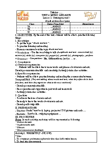 Kế hoạch bài dạy Tiếng Anh Lớp 7 Global Success - Unit 4: Music and arts - Lesson 1: Getting started - Năm học 2022-2023 Kế hoạch bài dạy Tiếng Anh Lớp 7 Global Success - Unit 4: Music and arts - Lesson 1: Getting started - Năm học 2022-2023