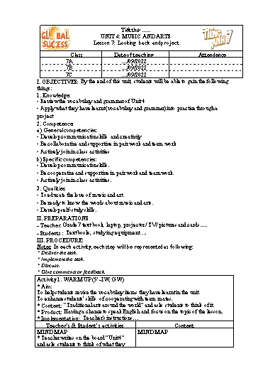 Kế hoạch bài dạy Tiếng Anh Lớp 7 Global Success - Unit 4: Music and arts - Lesson 7: Looking back andproject - Năm học 2022-2023 Kế hoạch bài dạy Tiếng Anh Lớp 7 Global Success - Unit 4: Music and arts - Lesson 7: Looking back andproject - Năm học 2022-2023