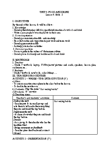 Kế hoạch bài dạy Tiếng Anh Lớp 7 Global Success - Unit 5: Food and drink - Lesson 6: Skills 2 - Năm học 2022-2023 Kế hoạch bài dạy Tiếng Anh Lớp 7 Global Success - Unit 5: Food and drink - Lesson 6: Skills 2 - Năm học 2022-2023