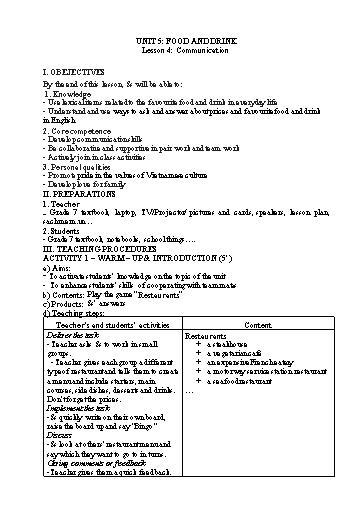 Kế hoạch bài dạy Tiếng Anh Lớp 7 Global Success - Unit 5: Food and drink - Lesson 4: Communication - Năm học 2022-2023