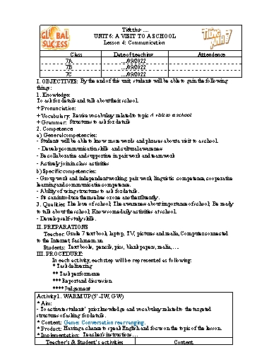 Kế hoạch bài dạy Tiếng Anh Lớp 7 Global Success - Unit 6: A visit to a school - Lesson 4: Communication - Năm học 2022-2023 Kế hoạch bài dạy Tiếng Anh Lớp 7 Global Success - Unit 6: A visit to a school - Lesson 4: Communication - Năm học 2022-2023