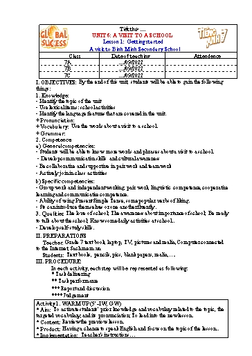 Kế hoạch bài dạy Tiếng Anh Lớp 7 Global Success - Unit 6: A visit to a school - Lesson 1: Getting started - Năm học 2022-2023 Kế hoạch bài dạy Tiếng Anh Lớp 7 Global Success - Unit 6: A visit to a school - Lesson 1: Getting started - Năm học 2022-2023