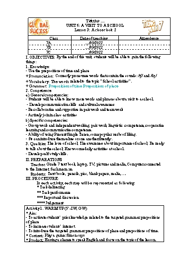 Kế hoạch bài dạy Tiếng Anh Lớp 7 Global Success - Unit 6: A visit to a school - Lesson 3: A closer look 2 - Năm học 2022-2023 Kế hoạch bài dạy Tiếng Anh Lớp 7 Global Success - Unit 6: A visit to a school - Lesson 3: A closer look 2 - Năm học 2022-2023